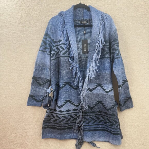 Badgley mischka Blue black Jacquard knit Shawl Belted Fringe long cardigan L NWT - Picture 2 of 12